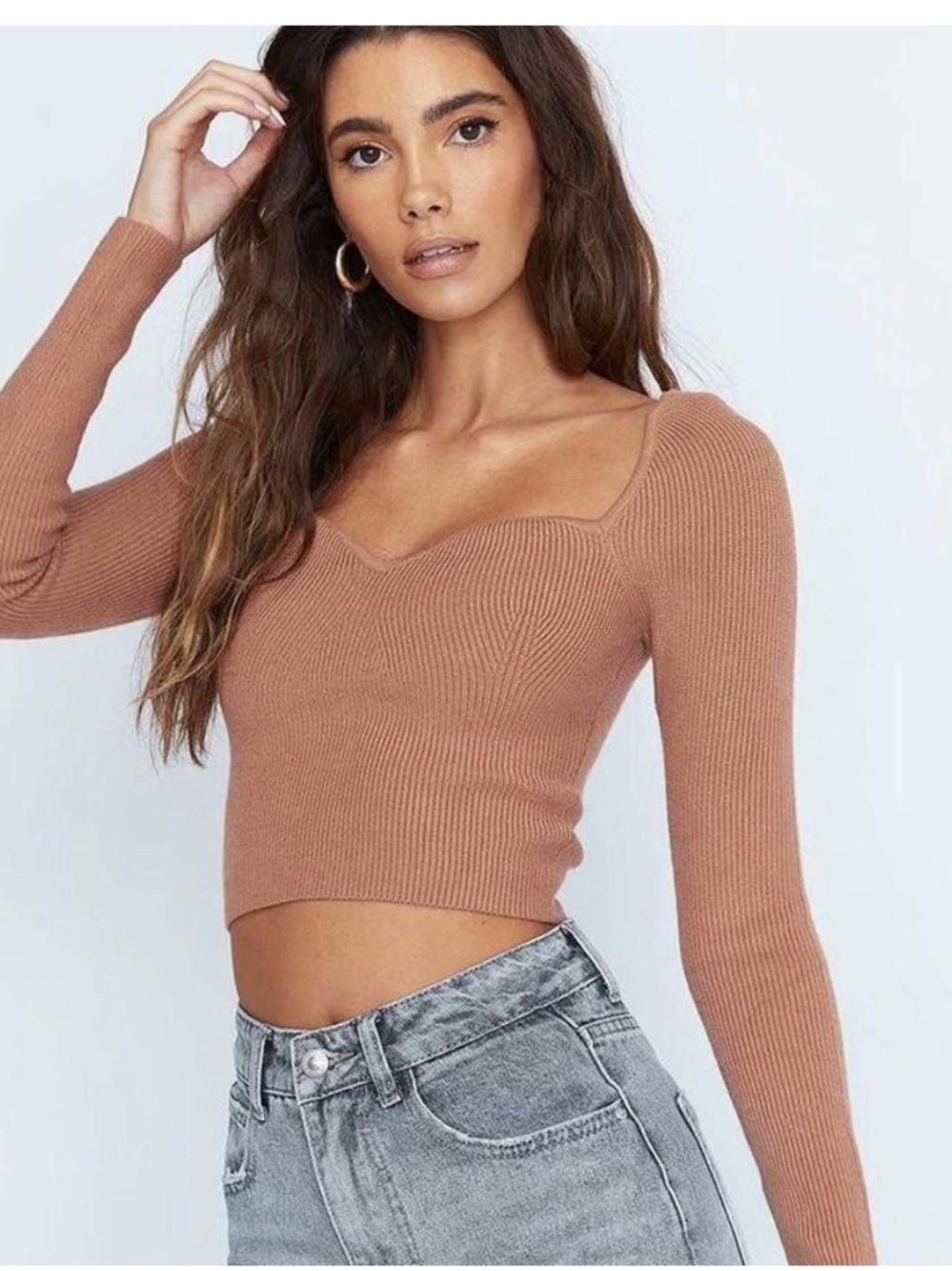Princess Polly Ribbed Sweetheart Long Sleeve Crop Top - Brown